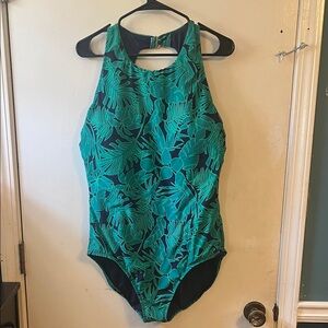 LAND’S END XXL Green Tropical Print High-Neck One-Piece Swimsuit Gold Clip 💚